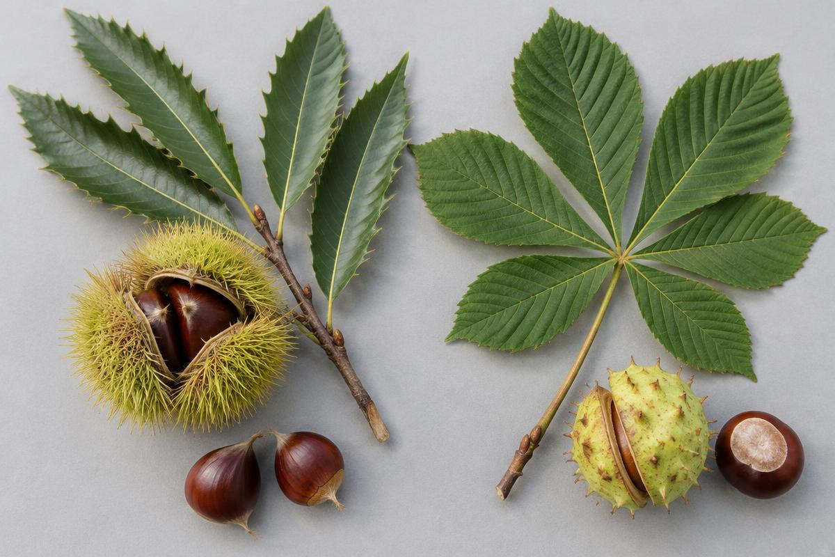 Botanische illustratie: links tamme kastanje met smal gezaagd blad en stekelige bolster; rechts paardenkastanje met handvormig blad